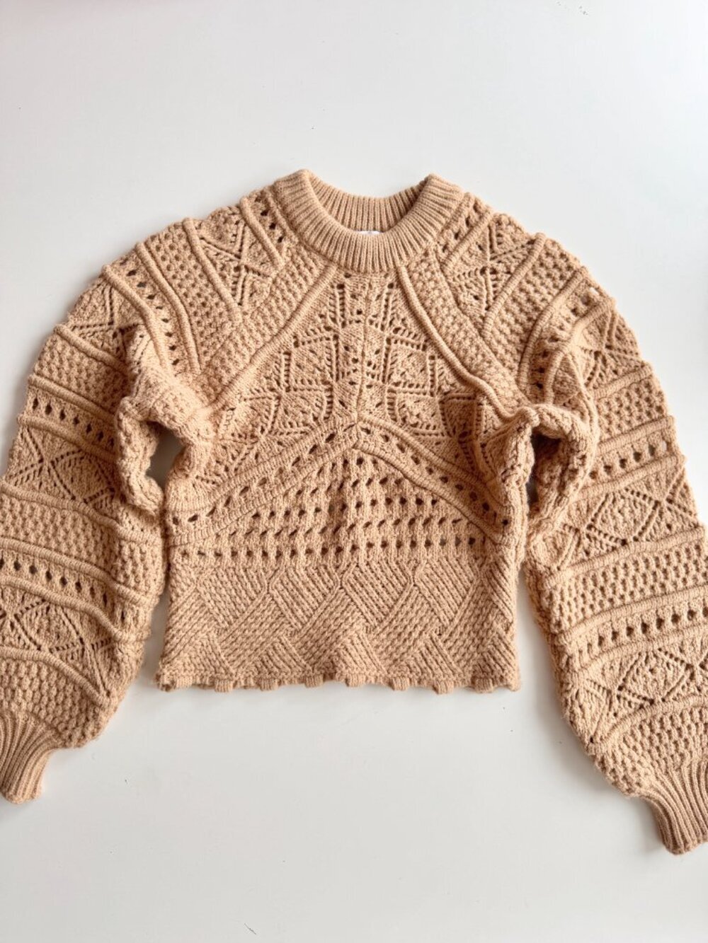 ZARA Tan Acrylic Wool Crochet Pointelle Knit Puff Sleeve Sweater, Size M - Picture 6 of 14